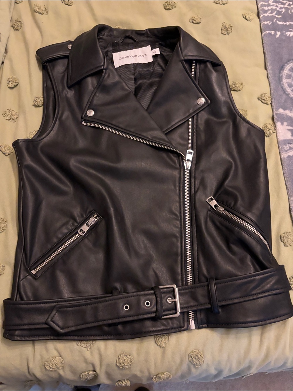 Calvin Klein Jeans Black Faux Leather Moto Vest with Belt